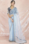Buy stunning light blue embroidered organza saree online in USA with grey embroidered saree blouse. Champion ethnic fashion on weddings and festivals with a stunning collection of designer sarees, handloom saris with blouse, wedding sarees, from Pure Elegance Indian fashion store in USA.-full view