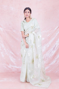 Shop stunning mint green embroidered organza saree online in USA with matching embroidered saree blouse. Champion ethnic fashion on weddings and festivals with a stunning collection of designer sarees, handloom saris with blouse, wedding sarees, from Pure Elegance Indian fashion store in USA.-full view