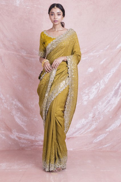 Buy beautiful mustard color embroidered mysore silk sari online in USA with embroidered saree blouse. Champion ethnic fashion on weddings and festivals with a stunning collection of designer sarees, handloom sarees with blouse, wedding sarees, from Pure Elegance Indian fashion store in USA.-full view