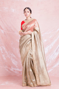 Buy beautiful golden embroidered handloom saree online in USA with red embroidered saree blouse. Champion ethnic fashion on weddings and festivals with a stunning collection of designer sarees, handloom sarees with blouse, bridal sarees, from Pure Elegance Indian fashion store in USA.-full view
