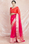 Shop charming red and pink embroidered handloom saree online in USA with red embroidered sari blouse. Champion ethnic fashion on weddings and festivals with a stunning collection of designer sarees, handloom sarees with blouse, bridal sarees, from Pure Elegance Indian fashion store in USA.-full view