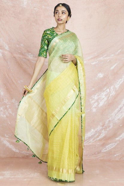 Shop beautiful ombre yellow handloom saree online in USA with green bandhej sari blouse. Champion ethnic fashion on weddings and festivals with a stunning collection of Banarasi sarees, handloom sarees with blouse, bridal sarees, from Pure Elegance Indian fashion store in USA.-full view