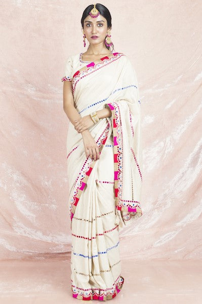 Shop cream mirror work handloom tussar saree online in USA with saree blouse. Champion ethnic fashion on weddings and festivals with a stunning collection of designer sarees, handloom saris with blouse, wedding sarees, from Pure Elegance Indian fashion store in USA-full view
