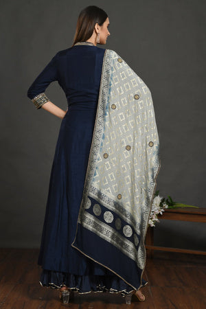 Shop beautiful blue embroidered Anarkali gown online in USA with grey dupatta. Make a fashion statement on festive occasions and weddings with designer suits, Indian dresses, Anarkali suits, palazzo suits, designer gowns, sharara suits from Pure Elegance Indian fashion store in USA.-back