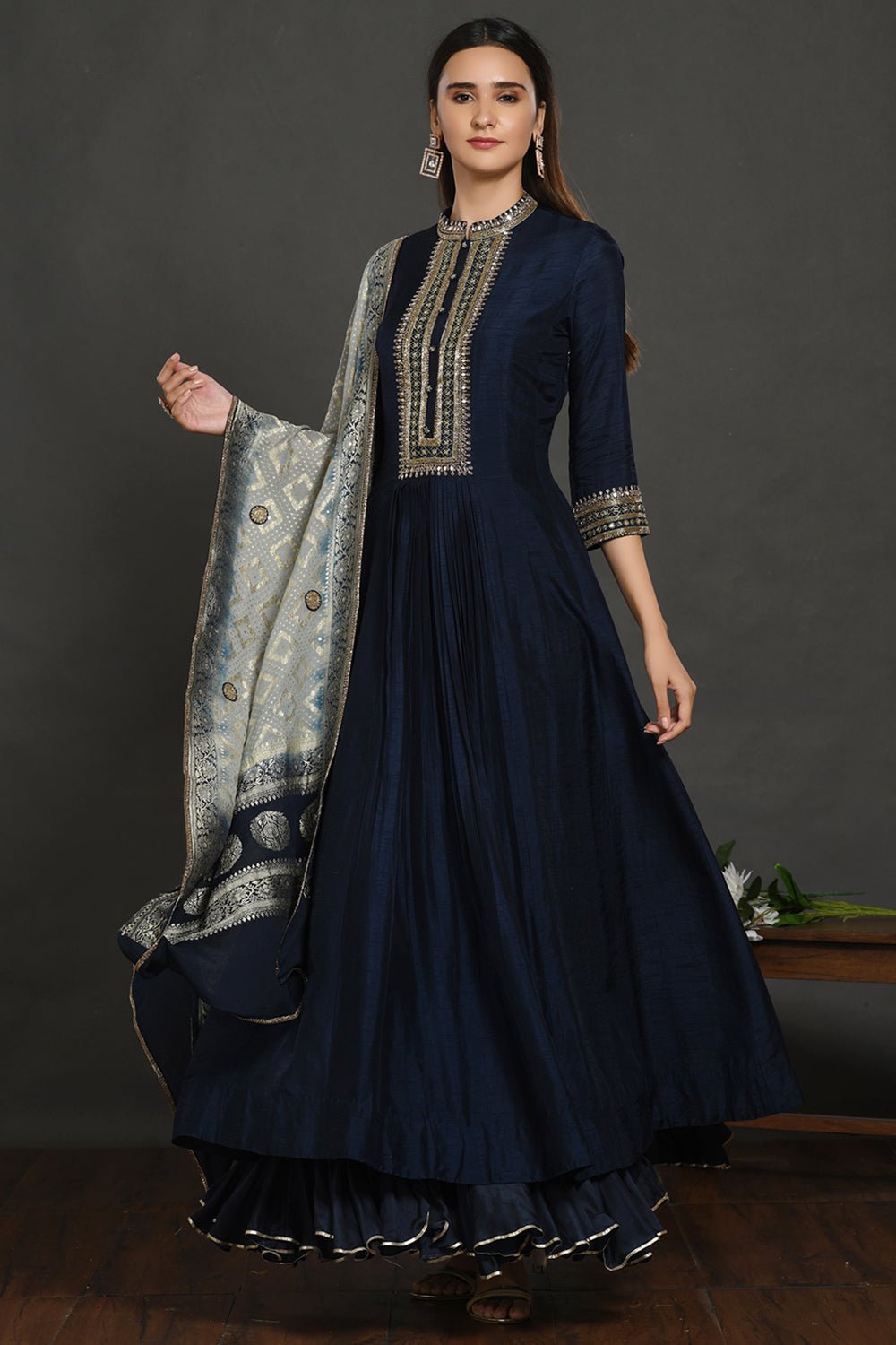 Shop beautiful blue embroidered Anarkali gown online in USA with grey dupatta. Make a fashion statement on festive occasions and weddings with designer suits, Indian dresses, Anarkali suits, palazzo suits, designer gowns, sharara suits from Pure Elegance Indian fashion store in USA.-full view