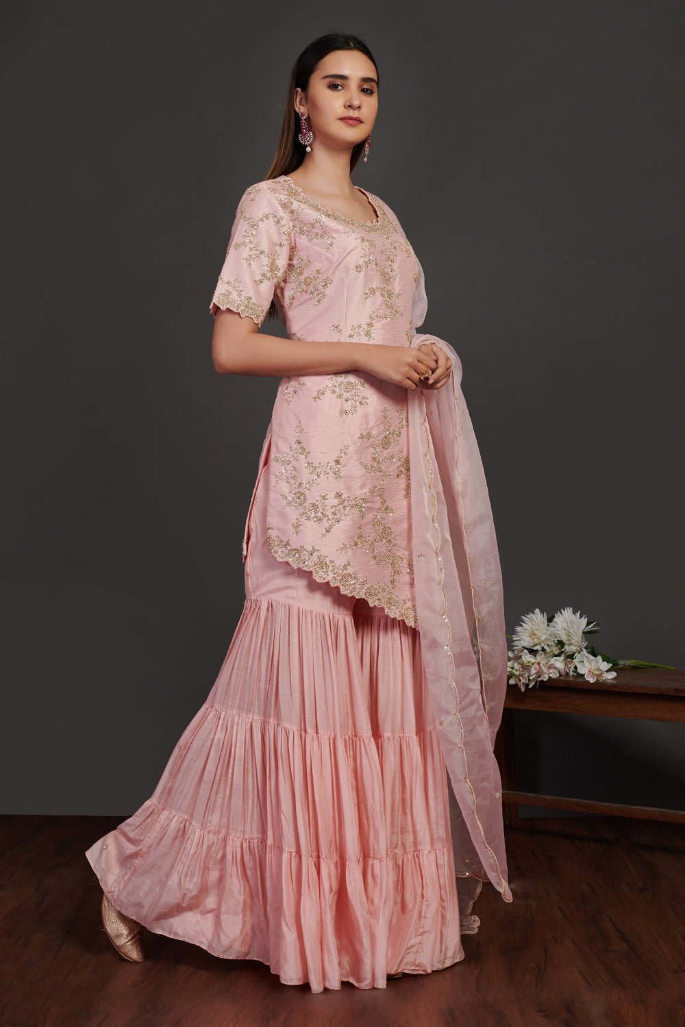 Shop stunning powder pink embroidered sharara suit online in USA with dupatta. Make a fashion statement on festive occasions and weddings with designer suits, Indian dresses, Anarkali suits, palazzo suits, designer gowns, sharara suits from Pure Elegance Indian fashion store in USA.-side