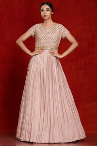 Shop stunning powder pink fit and flare mirror work gown online in USA. Make a fashion statement on festive occasions and weddings with designer suits, Indian dresses, Anarkali suits, palazzo suits, designer gowns, sharara suits from Pure Elegance Indian fashion store in USA.-full view