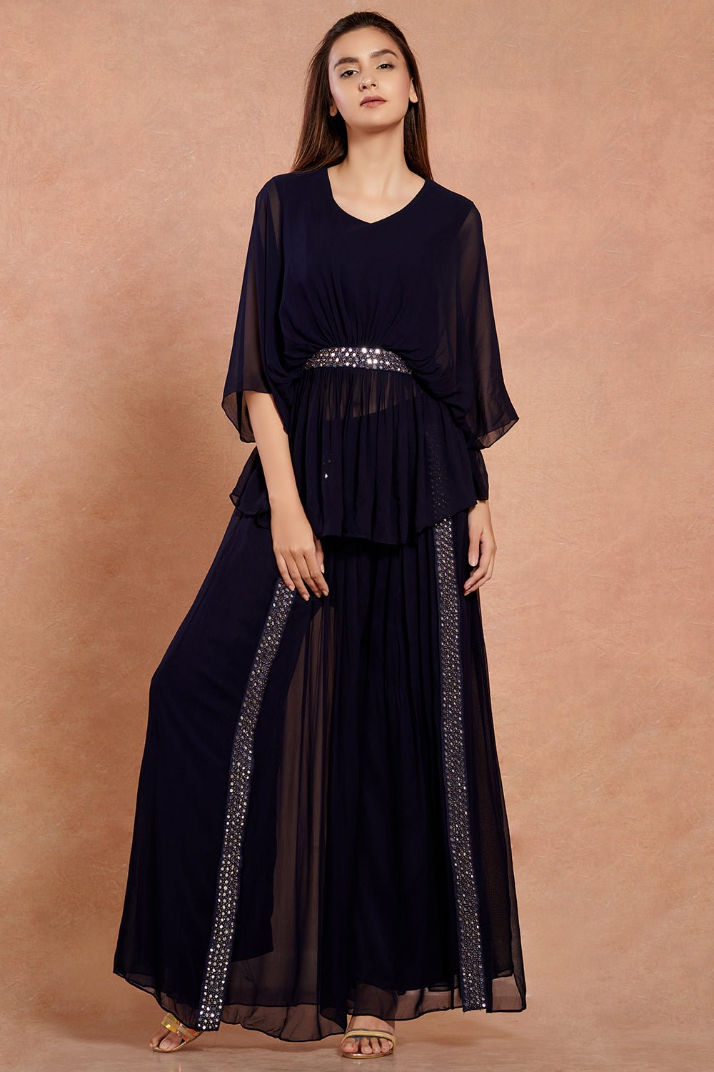 Shop beautiful navy blue georgette cape blouse with palazzo online in USA. Make a fashion statement on festive occasions and weddings with designer suits, Indian dresses, Anarkali suits, palazzo suits, designer gowns, sharara suits from Pure Elegance Indian fashion store in USA.-full view