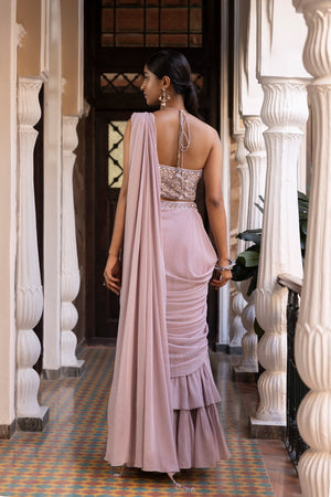 Buy lilac chinon drape saree online in USA with embroidered blouse. Dazzle on weddings and special occasions with exquisite Indian designer dresses, sharara suits, Anarkali suits, bridal lehengas, sharara suits from Pure Elegance Indian clothing store in USA.-back