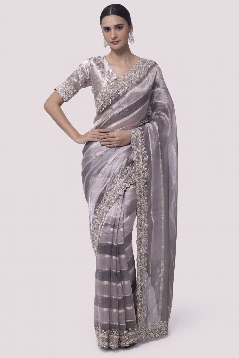 Buy beautiful two-tone silver embroidered handloom saree online in USA with blouse. Make a fashion statement on festive occasions and weddings with designer sarees, designer suits, Indian dresses, Anarkali suits, palazzo suits, designer gowns, sharara suits, embroidered sarees from Pure Elegance Indian fashion store in USA.-Full view