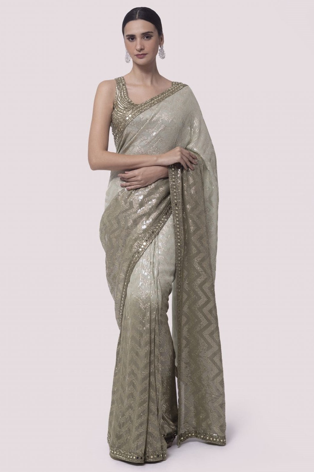 Shop stunning green shaded sequin work georgette saree online in USA with blouse. Make a fashion statement on festive occasions and weddings with designer sarees, designer suits, Indian dresses, Anarkali suits, palazzo suits, designer gowns, sharara suits, embroidered sarees from Pure Elegance Indian fashion store in USA.-full view