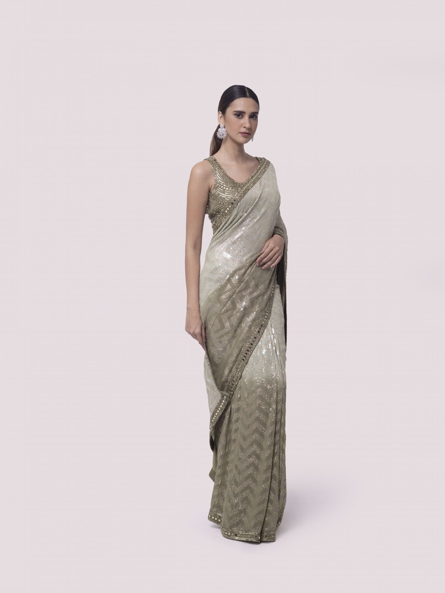 Shop stunning green shaded sequin work georgette saree online in USA with blouse. Make a fashion statement on festive occasions and weddings with designer sarees, designer suits, Indian dresses, Anarkali suits, palazzo suits, designer gowns, sharara suits, embroidered sarees from Pure Elegance Indian fashion store in USA.-right