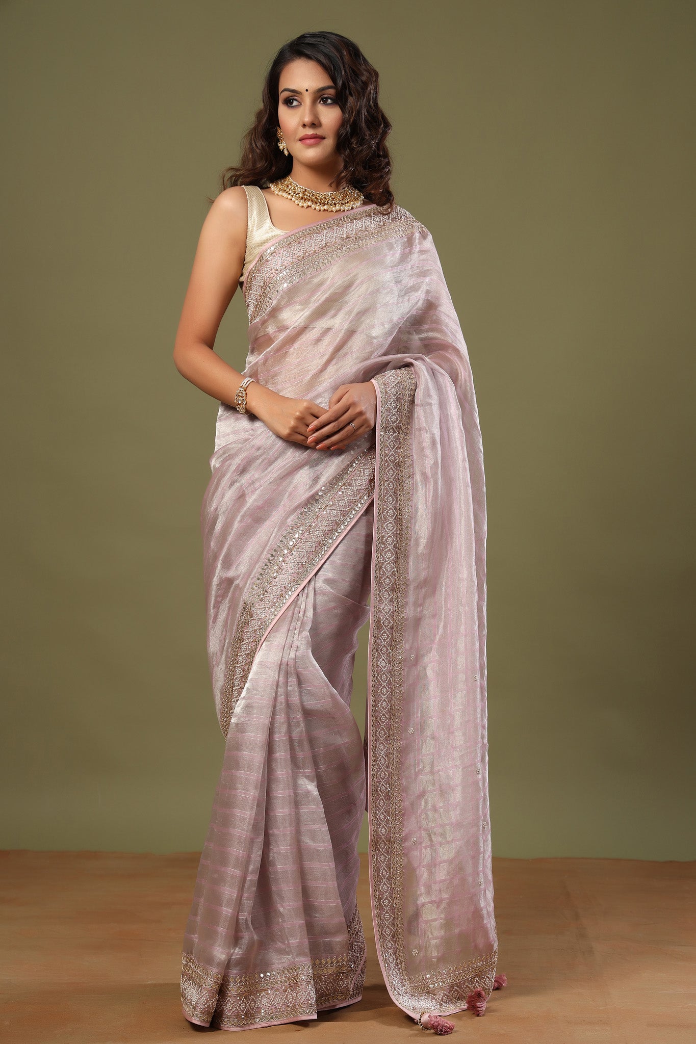 Buy lilac tissue silk saree online in USA with embroidered border. Make a fashion statement at weddings with stunning designer sarees, embroidered sarees with blouse, wedding sarees, handloom sarees from Pure Elegance Indian fashion store in USA.-saree