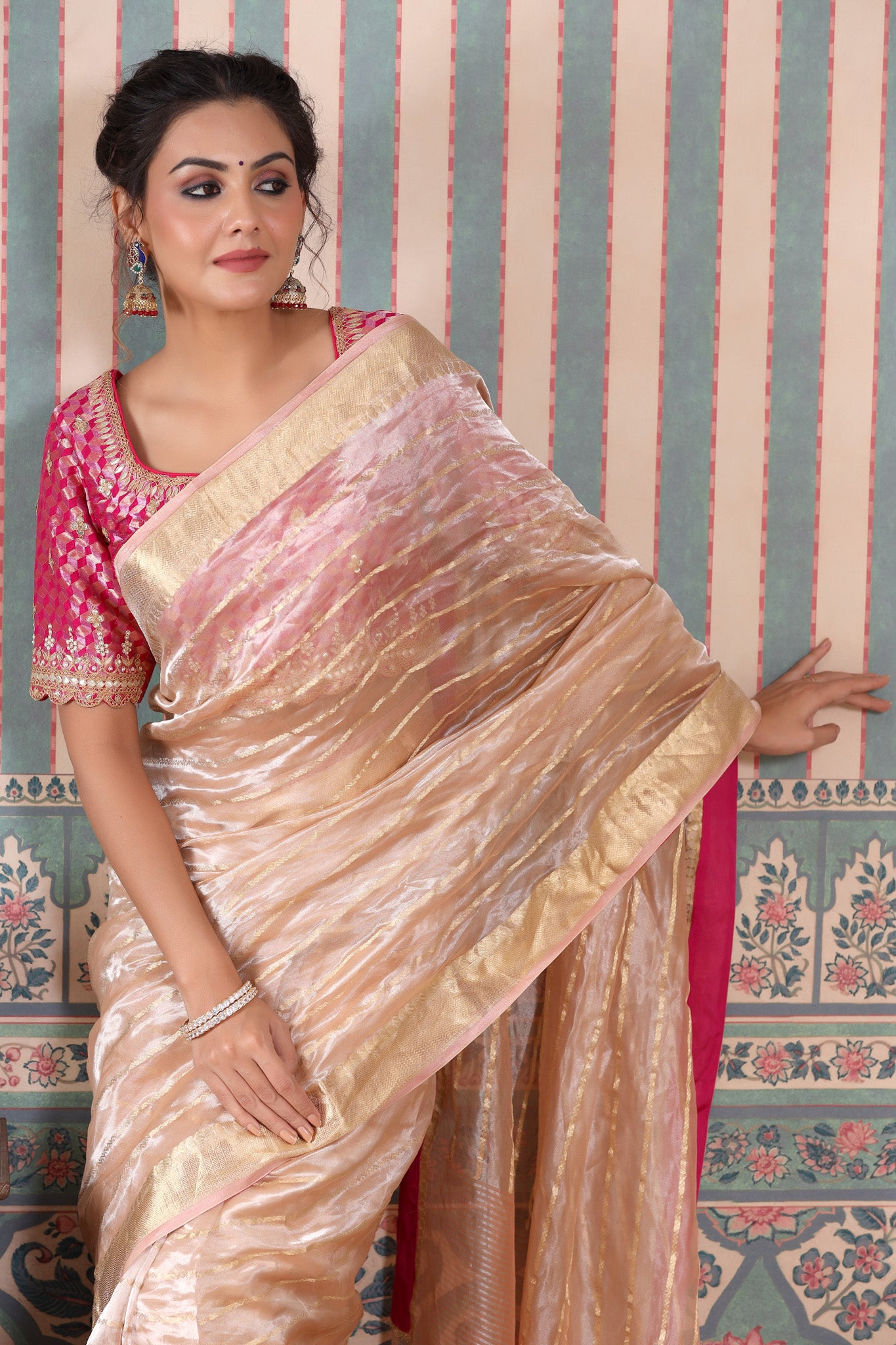 Buy rose gold striped tissue silk sari online in USA with pink saree blouse. Make a fashion statement at weddings with stunning designer sarees, embroidered sarees with blouse, wedding sarees, handloom sarees from Pure Elegance Indian fashion store in USA.-blouse