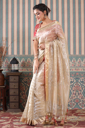 Shop golden striped tissue silk sari online in USA with red saree blouse. Make a fashion statement at weddings with stunning designer sarees, embroidered sarees with blouse, wedding sarees, handloom sarees from Pure Elegance Indian fashion store in USA.-pallu