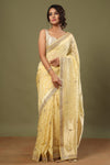 Shop lemon yellow embroidered organza sari online in USA with zari jaal. Make a fashion statement at weddings with stunning designer sarees, embroidered sarees with blouse, wedding sarees, handloom sarees from Pure Elegance Indian fashion store in USA.-full view