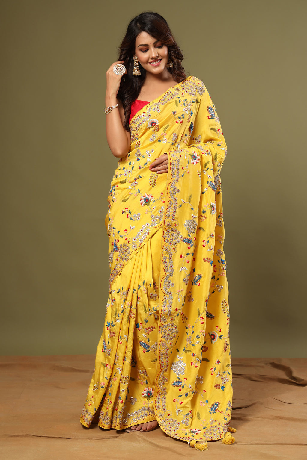 Buy yellow heavy embroidery tussar georgette sari online in USA. Make a fashion statement at weddings with stunning designer sarees, embroidered sarees with blouse, wedding sarees, handloom sarees from Pure Elegance Indian fashion store in USA.-full view