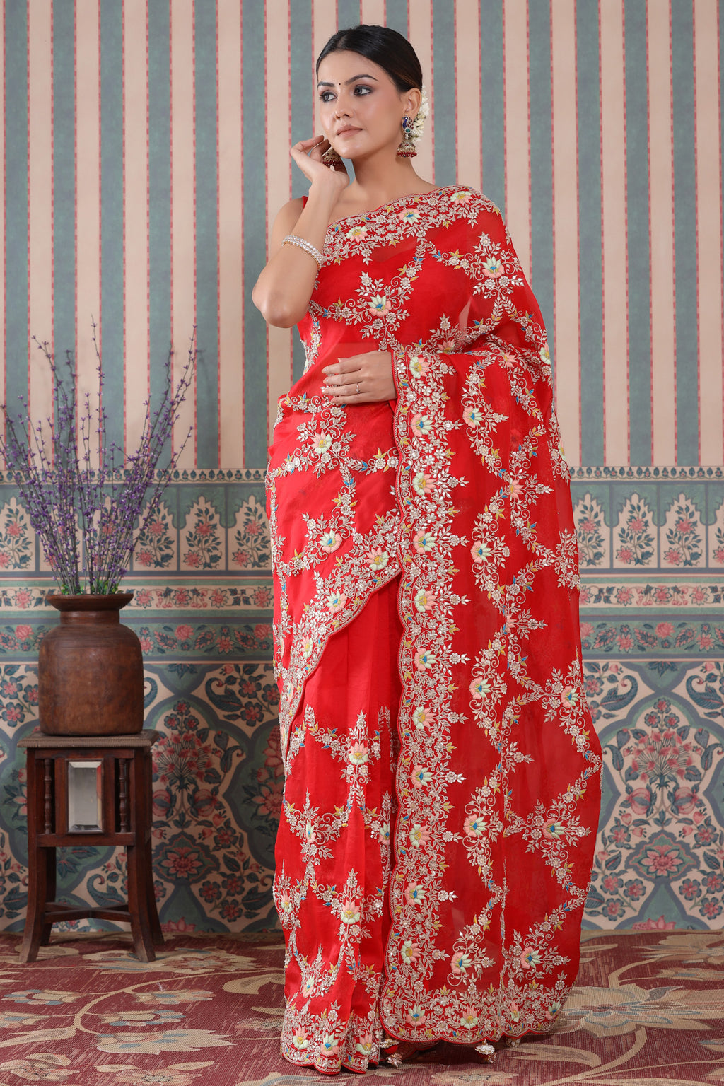 Shop stunning red heavy embroidery organza sari online in USA. Make a fashion statement at weddings with stunning designer sarees, embroidered sarees with blouse, wedding sarees, handloom sarees from Pure Elegance Indian fashion store in USA.-full view