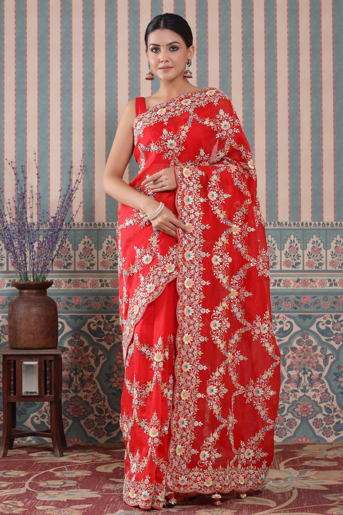 Shop stunning red heavy embroidery organza sari online in USA. Make a fashion statement at weddings with stunning designer sarees, embroidered sarees with blouse, wedding sarees, handloom sarees from Pure Elegance Indian fashion store in USA.-front