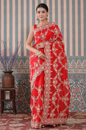 Shop stunning red heavy embroidery organza sari online in USA. Make a fashion statement at weddings with stunning designer sarees, embroidered sarees with blouse, wedding sarees, handloom sarees from Pure Elegance Indian fashion store in USA.-front