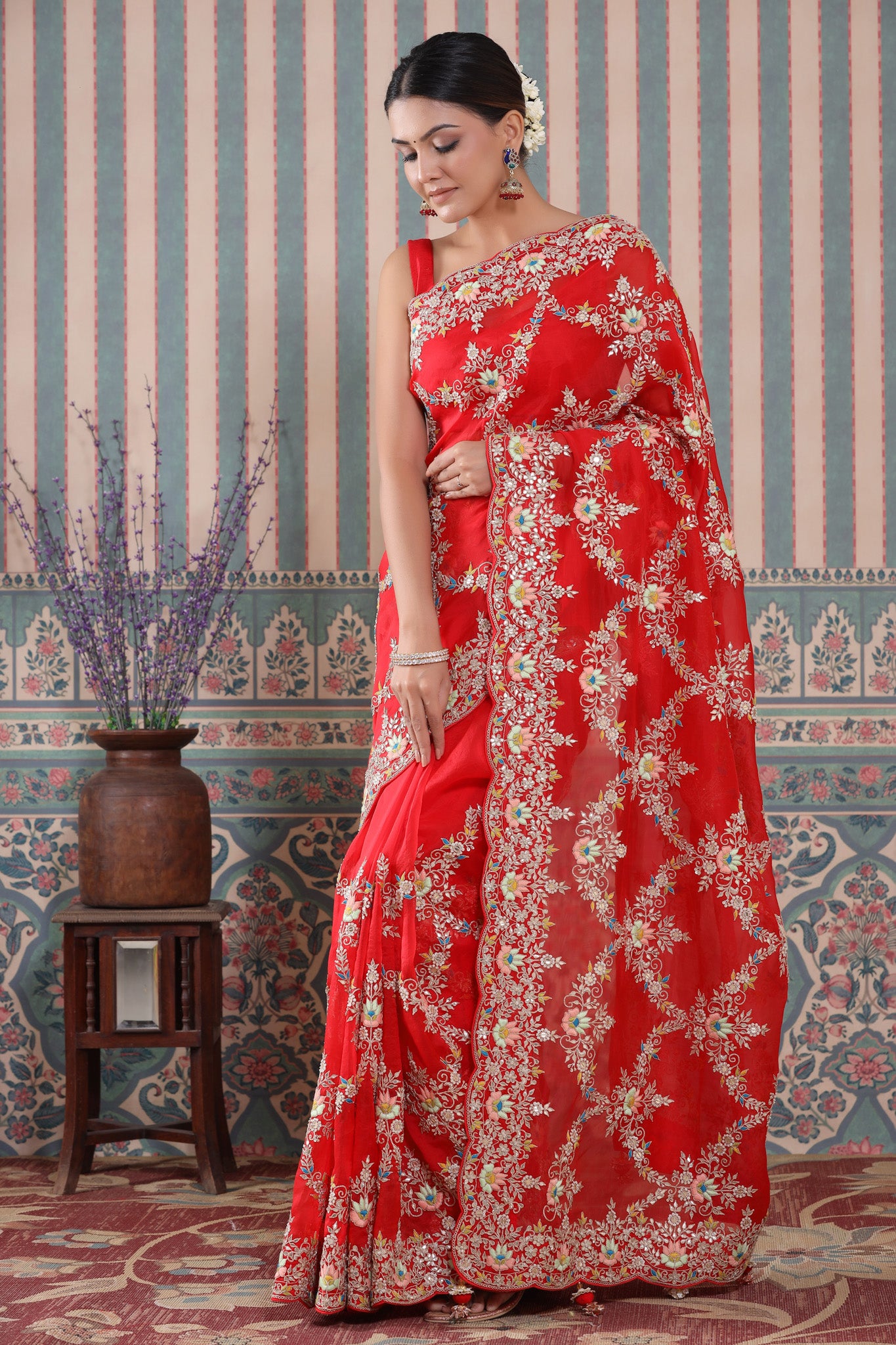 Shop stunning red heavy embroidery organza sari online in USA. Make a fashion statement at weddings with stunning designer sarees, embroidered sarees with blouse, wedding sarees, handloom sarees from Pure Elegance Indian fashion store in USA.-pallu
