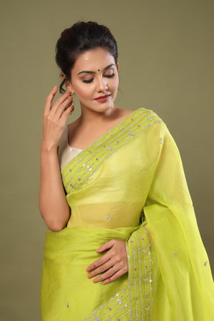 Buy pista green organza sari online in USA with embroidered border. Make a fashion statement at weddings with stunning designer sarees, embroidered sarees with blouse, wedding sarees, handloom sarees from Pure Elegance Indian fashion store in USA.-closeup