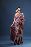 Shop mauve printed tussar silk sari online in USA with zari border. Make a fashion statement at weddings with stunning designer sarees, embroidered sarees with blouse, wedding sarees, handloom sarees from Pure Elegance Indian fashion store in USA.-full view