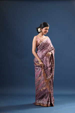 Shop mauve printed tussar silk sari online in USA with zari border. Make a fashion statement at weddings with stunning designer sarees, embroidered sarees with blouse, wedding sarees, handloom sarees from Pure Elegance Indian fashion store in USA.-side