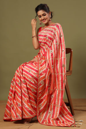 Shop light pink gota work striped organza sari online in USA. Make a fashion statement at weddings with stunning designer sarees, embroidered sarees with blouse, wedding sarees, handloom sarees from Pure Elegance Indian fashion store in USA.-pallu