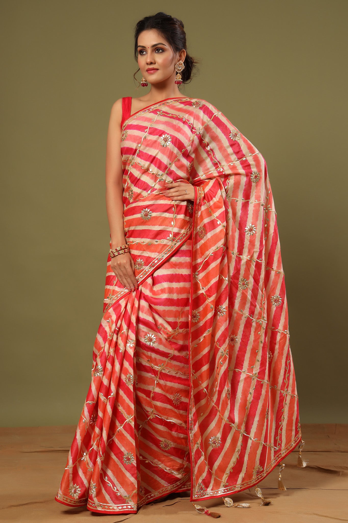 Shop light pink gota work striped organza sari online in USA. Make a fashion statement at weddings with stunning designer sarees, embroidered sarees with blouse, wedding sarees, handloom sarees from Pure Elegance Indian fashion store in USA.-full view