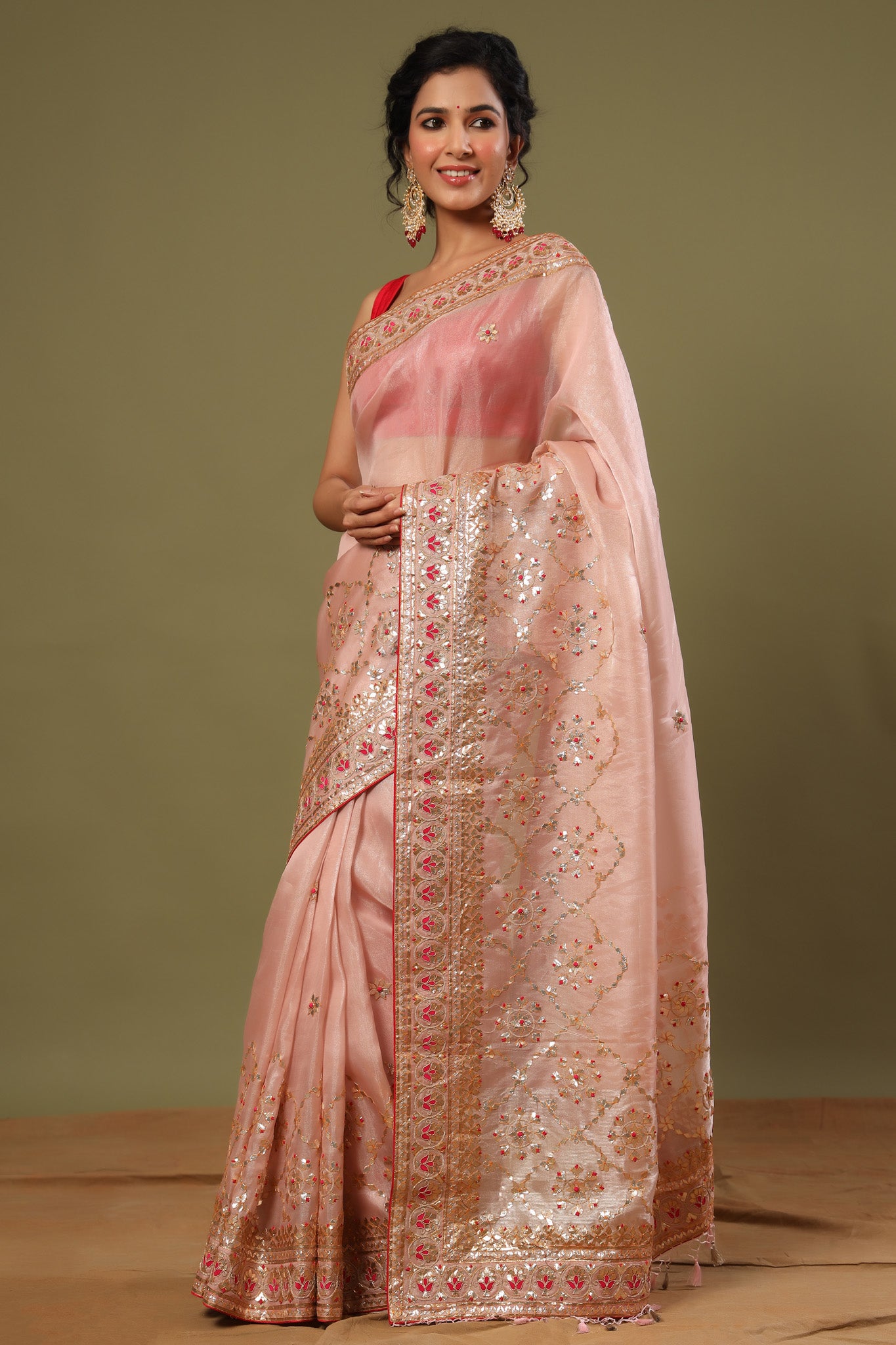 Shop light pink hand embroidery organza sari online in USA. Make a fashion statement at weddings with stunning designer sarees, embroidered sarees with blouse, wedding sarees, handloom sarees from Pure Elegance Indian fashion store in USA.-side