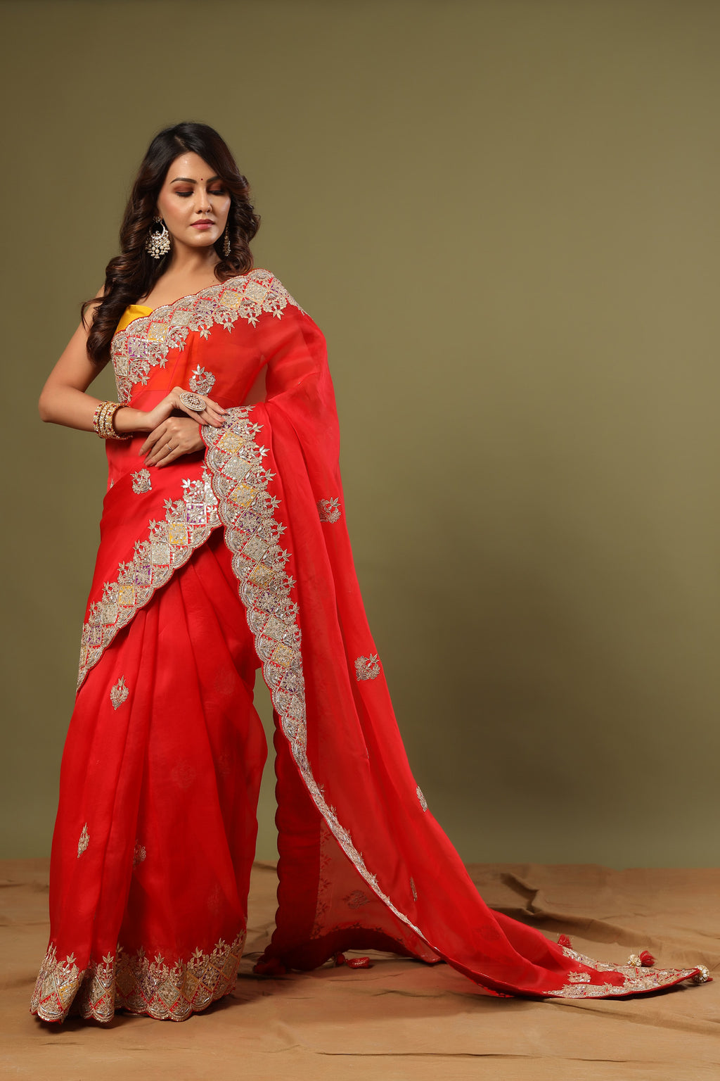Buy stunning red hand embroidered organza sari online in USA. Make a fashion statement at weddings with stunning designer sarees, embroidered sarees with blouse, wedding sarees, handloom sarees from Pure Elegance Indian fashion store in USA.-full view