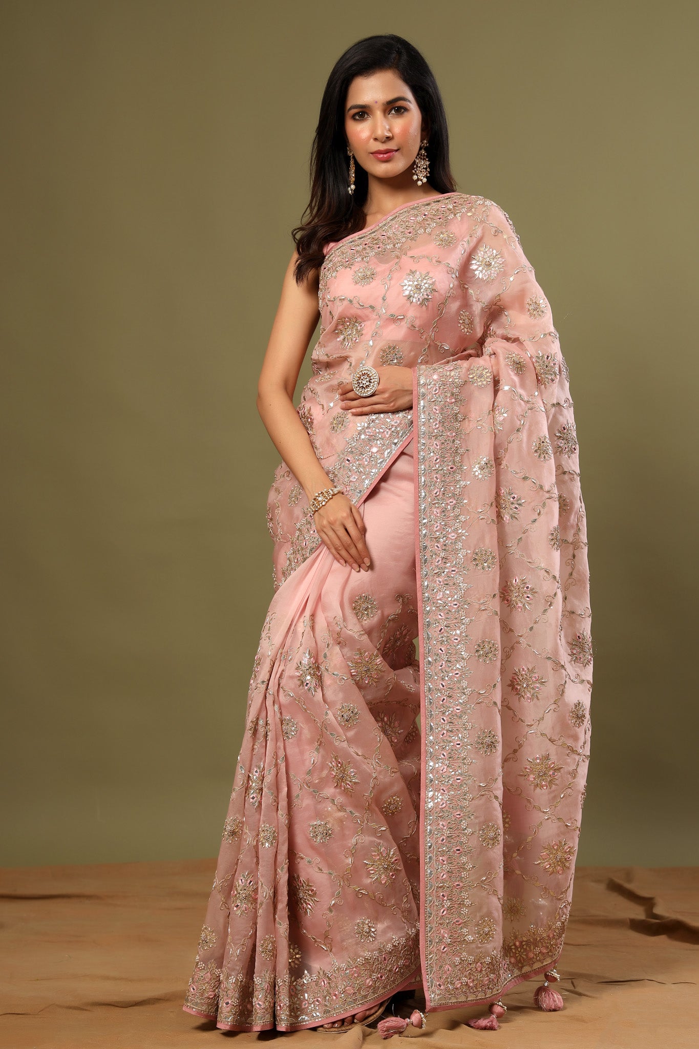 Shop light pink mirror and gota work organza sari online in USA. Make a fashion statement at weddings with stunning designer sarees, embroidered sarees with blouse, wedding sarees, handloom sarees from Pure Elegance Indian fashion store in USA.-front