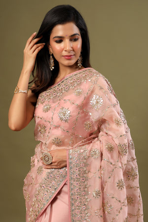 Shop light pink mirror and gota work organza sari online in USA. Make a fashion statement at weddings with stunning designer sarees, embroidered sarees with blouse, wedding sarees, handloom sarees from Pure Elegance Indian fashion store in USA.-saree