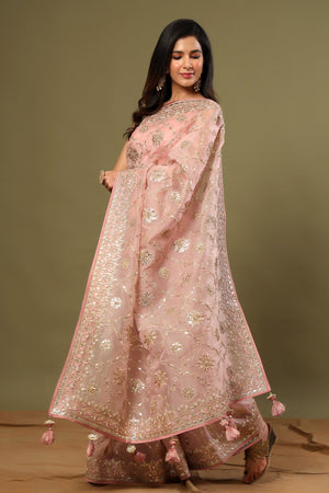Shop light pink mirror and gota work organza sari online in USA. Make a fashion statement at weddings with stunning designer sarees, embroidered sarees with blouse, wedding sarees, handloom sarees from Pure Elegance Indian fashion store in USA.-pallu