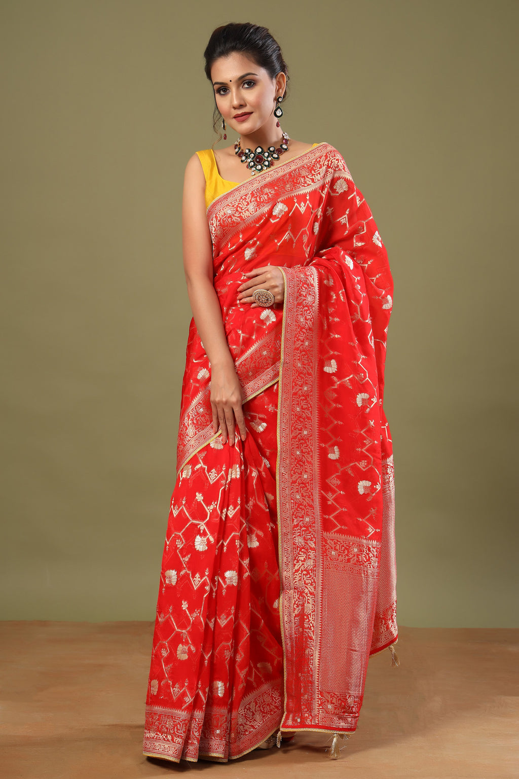 Shop stunning red Banarasi sari online in USA with zari work jaal. Make a fashion statement at weddings with stunning designer sarees, embroidered sarees with blouse, wedding sarees, handloom sarees from Pure Elegance Indian fashion store in USA.-full view
