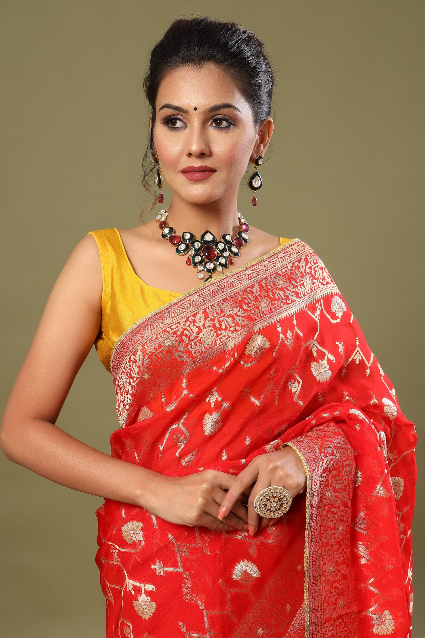 Shop stunning red Banarasi sari online in USA with zari work jaal. Make a fashion statement at weddings with stunning designer sarees, embroidered sarees with blouse, wedding sarees, handloom sarees from Pure Elegance Indian fashion store in USA.-closeup