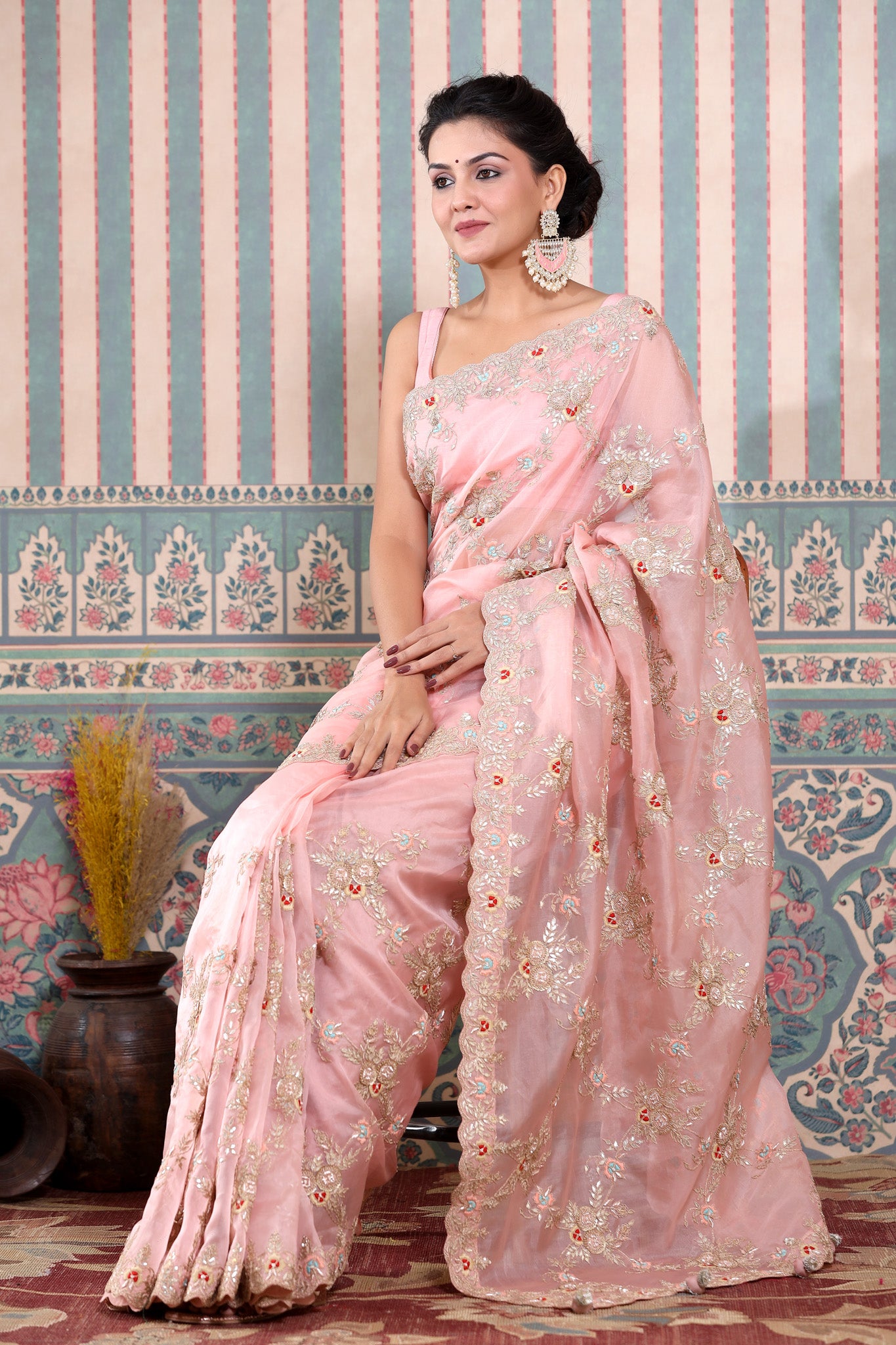 Buy stunning light pink embroidered organza sari online in USA. Make a fashion statement at weddings with stunning designer sarees, embroidered sarees with blouse, wedding sarees, handloom sarees from Pure Elegance Indian fashion store in USA.-saree