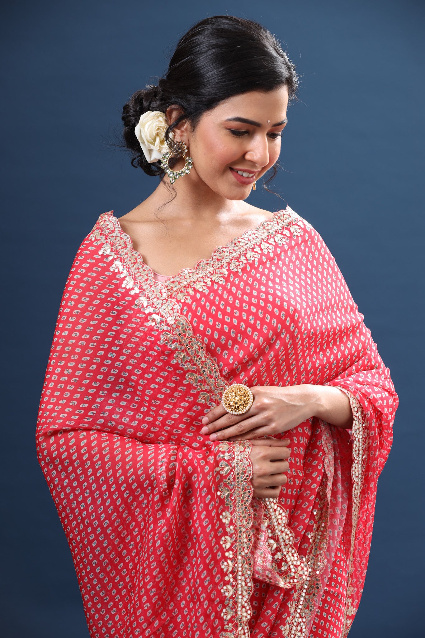 Shop pink printed organza sari online in USA with embroidered border. Make a fashion statement at weddings with stunning designer sarees, embroidered sarees with blouse, wedding sarees, handloom sarees from Pure Elegance Indian fashion store in USA.-closeup