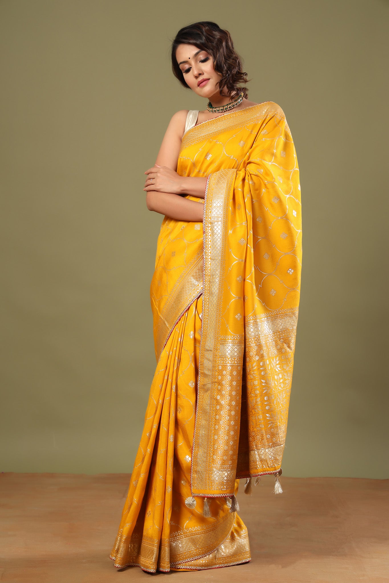 Buy stunning mango yellow Banarasi sari online in USA with zari jaal. Make a fashion statement at weddings with stunning designer sarees, embroidered sarees with blouse, wedding sarees, handloom sarees from Pure Elegance Indian fashion store in USA.-front