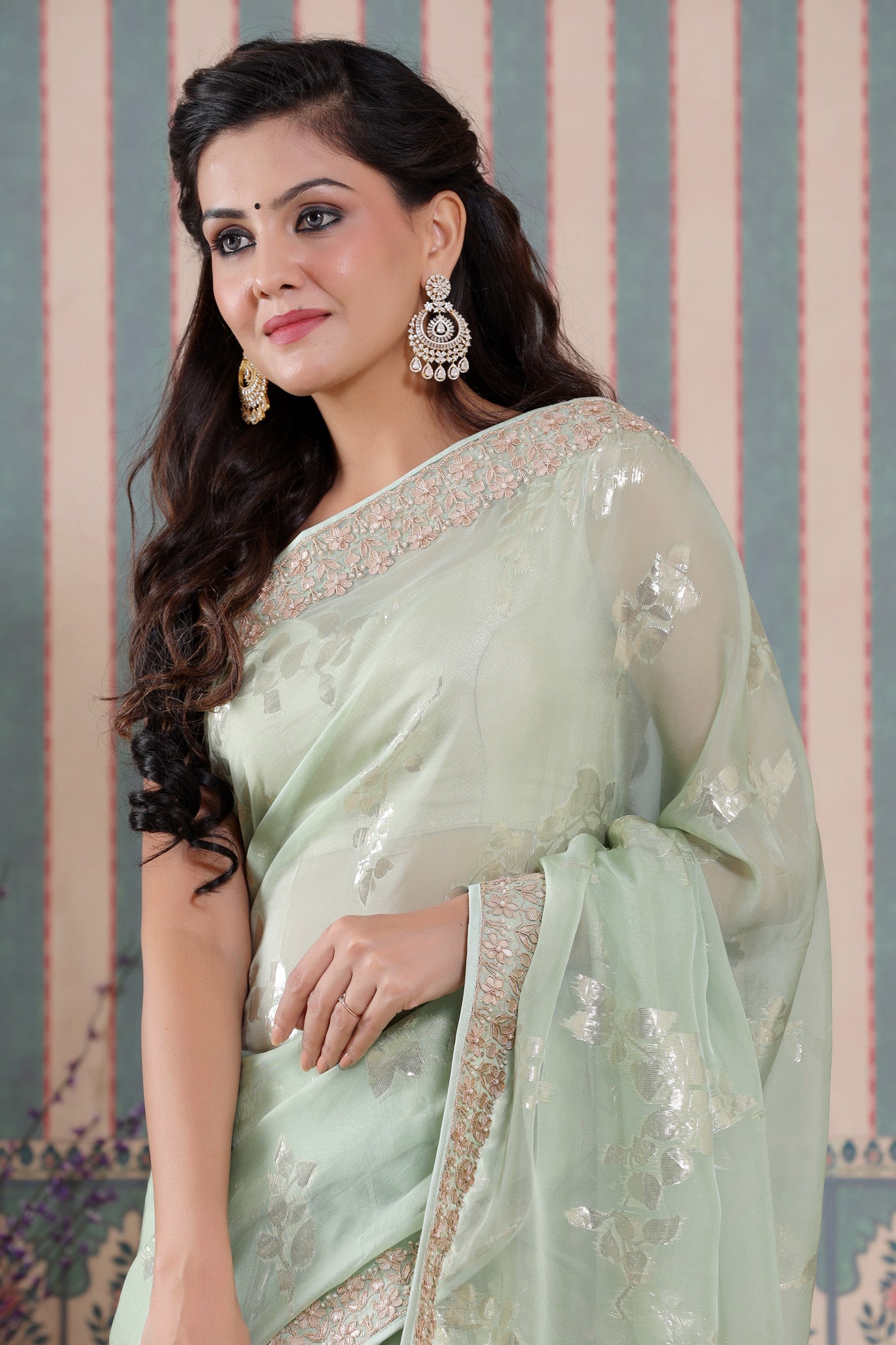 Shop beautiful pastel green embroidered organza silk sari online in USA. Make a fashion statement at weddings with stunning designer sarees, embroidered sarees with blouse, wedding sarees, handloom sarees from Pure Elegance Indian fashion store in USA.-saree