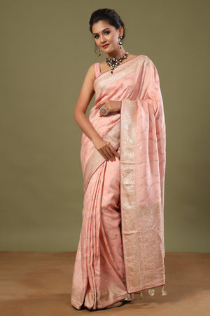 Buy beautiful light pink tussar georgette sari online in USA. Make a fashion statement at weddings with stunning designer sarees, embroidered sarees with blouse, wedding sarees, handloom sarees from Pure Elegance Indian fashion store in USA.-pallu