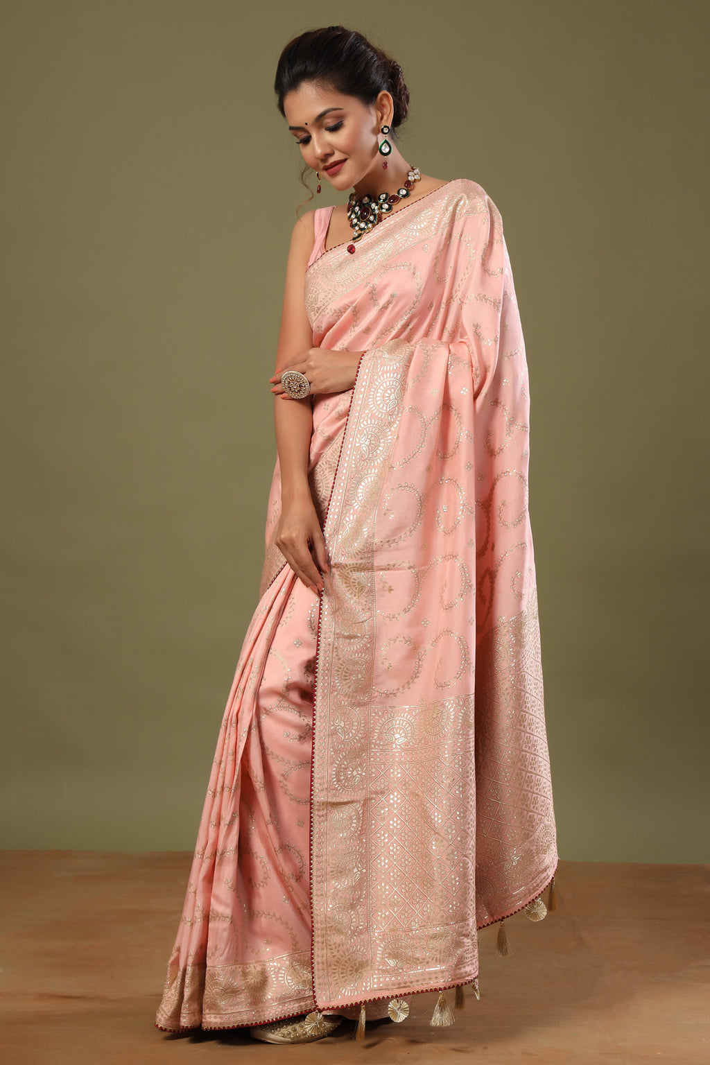 Buy beautiful light pink tussar georgette sari online in USA. Make a fashion statement at weddings with stunning designer sarees, embroidered sarees with blouse, wedding sarees, handloom sarees from Pure Elegance Indian fashion store in USA.-full view