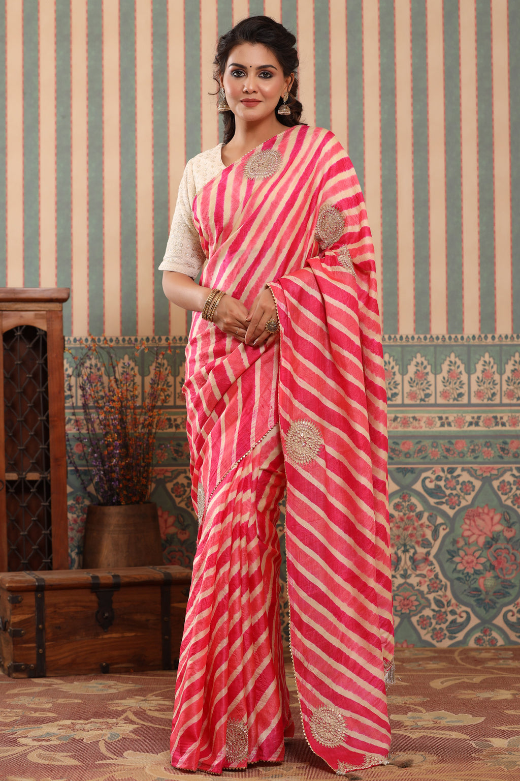 Shop pink striped tussar silk sari online in USA with saree blouse.. Make a fashion statement at weddings with stunning designer sarees, embroidered sarees with blouse, wedding sarees, handloom sarees from Pure Elegance Indian fashion store in USA.-full view