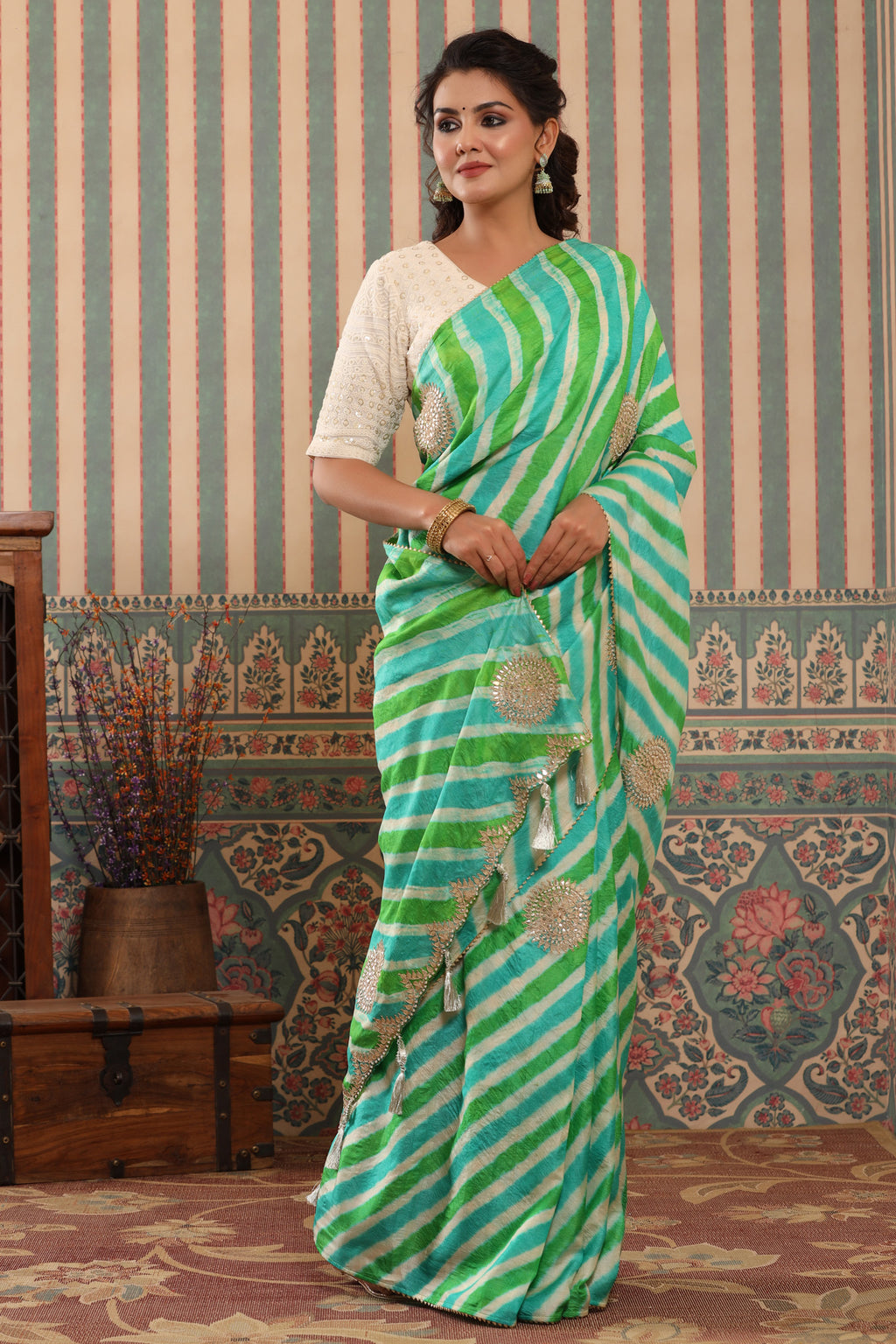 Buy green striped tussar silk sari online in USA with saree blouse.. Make a fashion statement at weddings with stunning designer sarees, embroidered sarees with blouse, wedding sarees, handloom sarees from Pure Elegance Indian fashion store in USA.-full view