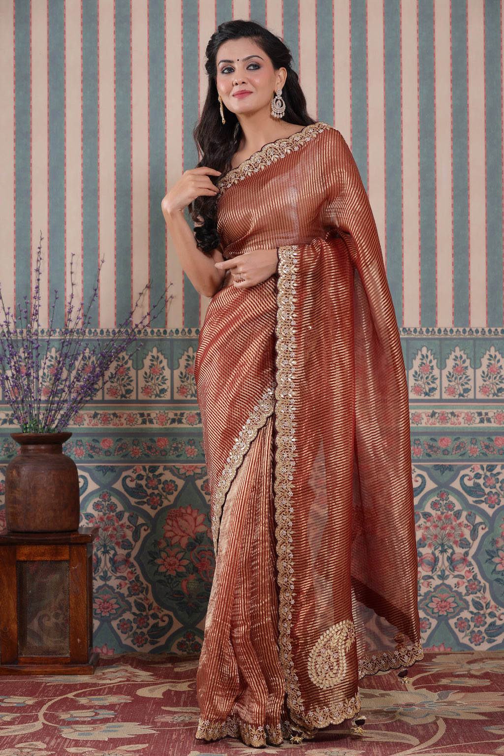 Shop maroon embroidered tissue silk Banarasi sari online in USA. Make a fashion statement at weddings with stunning designer sarees, embroidered sarees with blouse, wedding sarees, handloom sarees from Pure Elegance Indian fashion store in USA.-full view