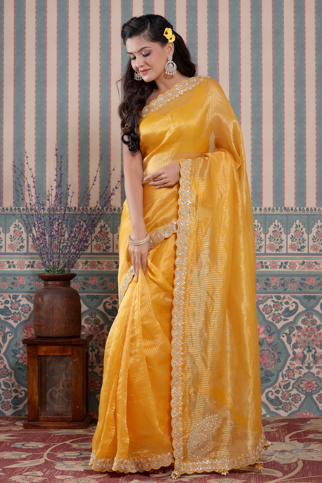 Shop yellow embroidered tissue silk Banarasi sari online in USA. Make a fashion statement at weddings with stunning designer sarees, embroidered sarees with blouse, wedding sarees, handloom sarees from Pure Elegance Indian fashion store in USA.-full view