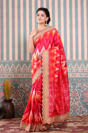 Buy beautiful multicolor Banarasi silk sari online in USA with embroidered border. Make a fashion statement at weddings with stunning designer sarees, embroidered sarees with blouse, wedding sarees, handloom sarees from Pure Elegance Indian fashion store in USA.-front