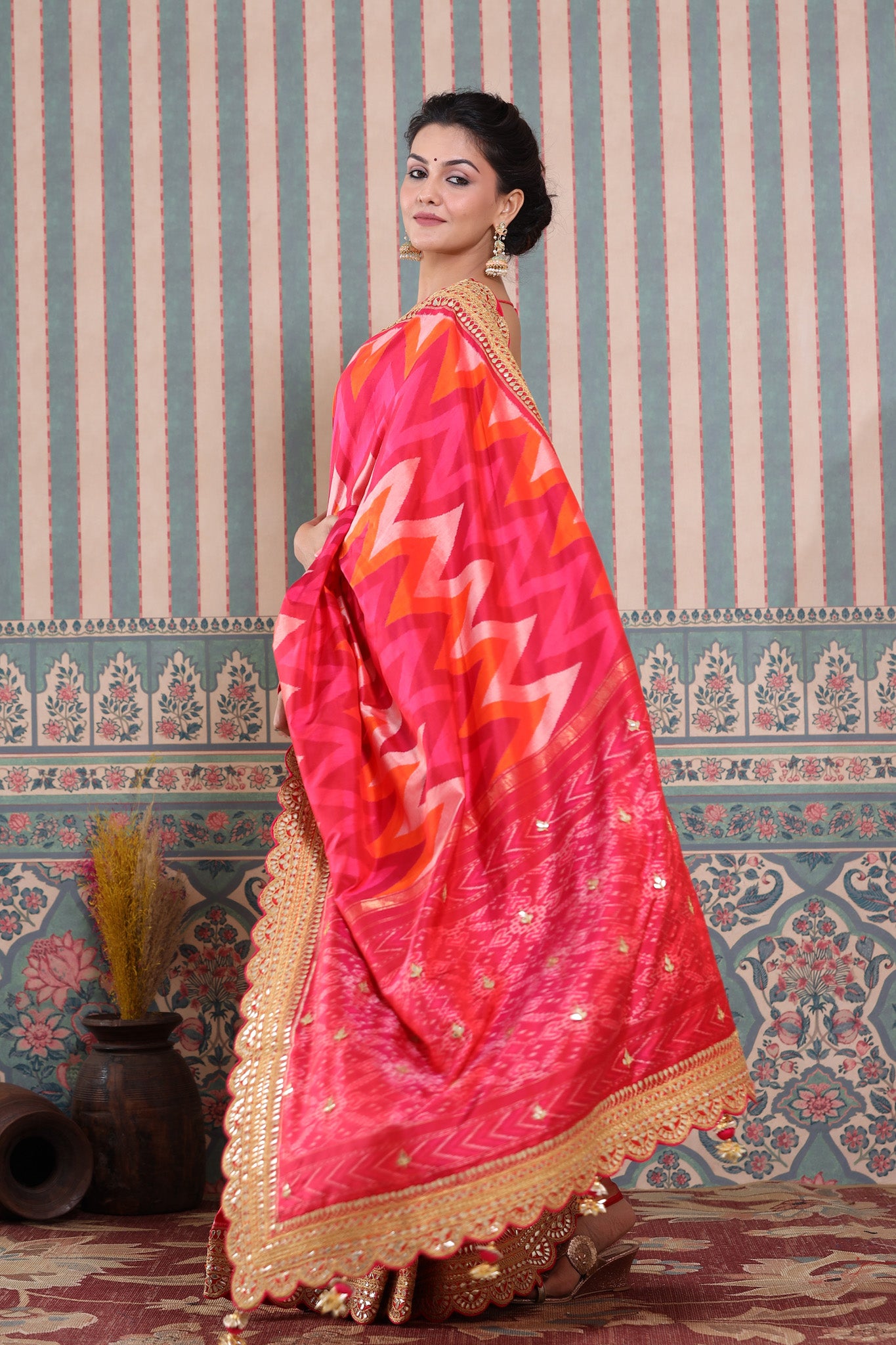 Buy beautiful multicolor Banarasi silk sari online in USA with embroidered border. Make a fashion statement at weddings with stunning designer sarees, embroidered sarees with blouse, wedding sarees, handloom sarees from Pure Elegance Indian fashion store in USA.-pallu