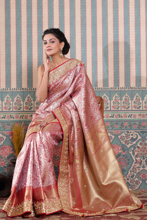 Shop beautiful pink Banarasi silk sari online in USA with gota work border. Make a fashion statement at weddings with stunning designer sarees, embroidered sarees with blouse, wedding sarees, handloom sarees from Pure Elegance Indian fashion store in USA.-saree